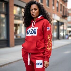 100%Cotton French Terry USA Hoodie Sweatsuit. Red High Quality